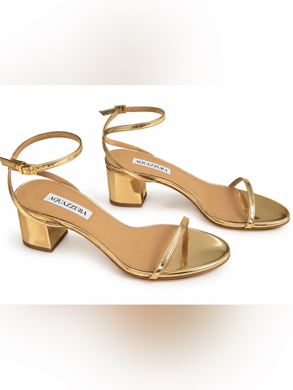 Aquazzura Metallic Gold Ankle-Strap Block Heel Sandals, size 38.5